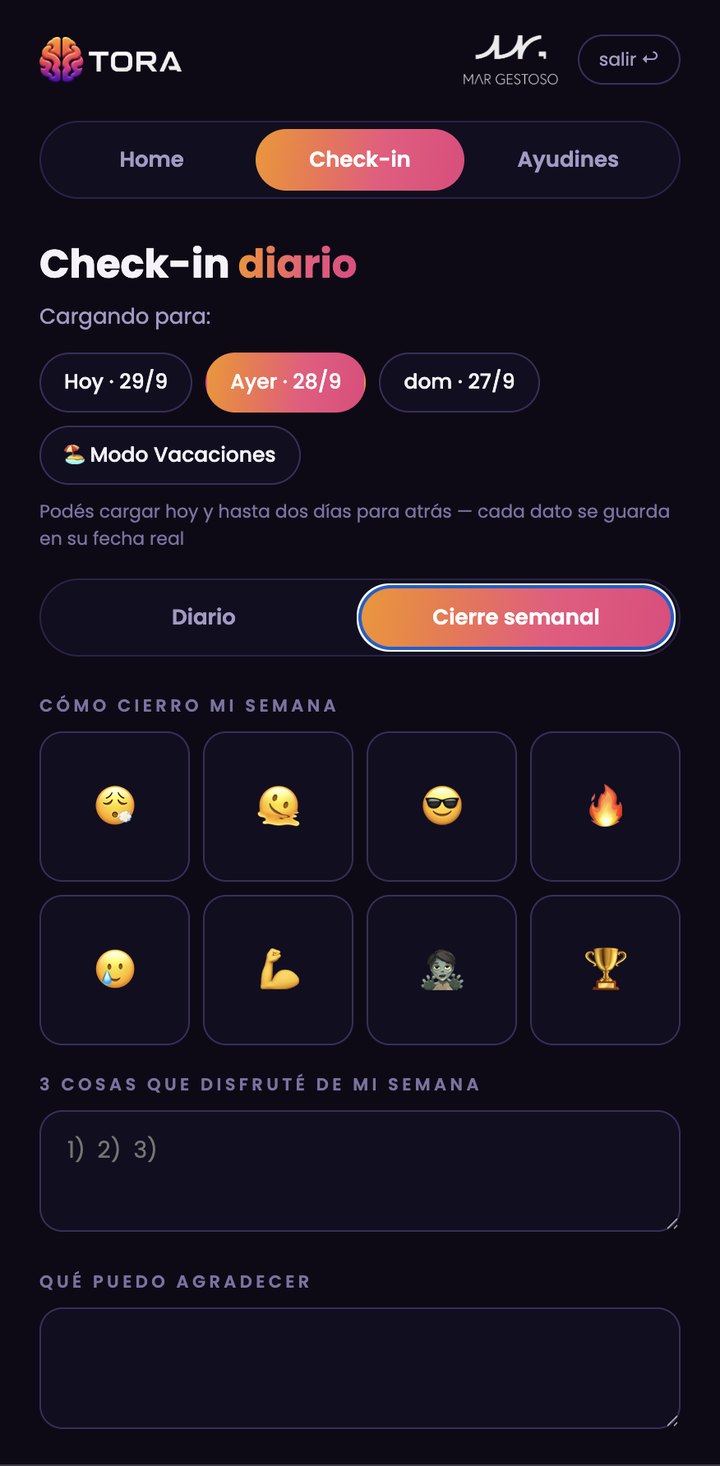 TORA: cierre semanal con estado de ánimo y registro de la semana